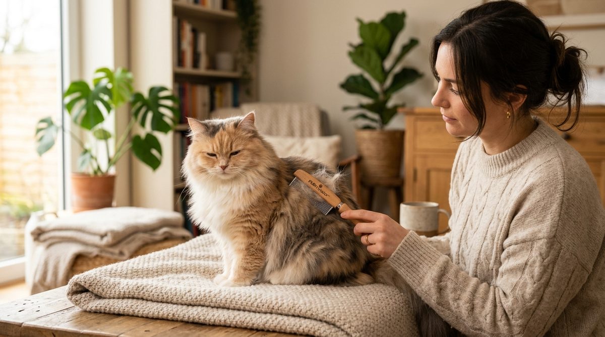 Fluffy cat being gently brushed with a deshedding comb by owner in a cozy home