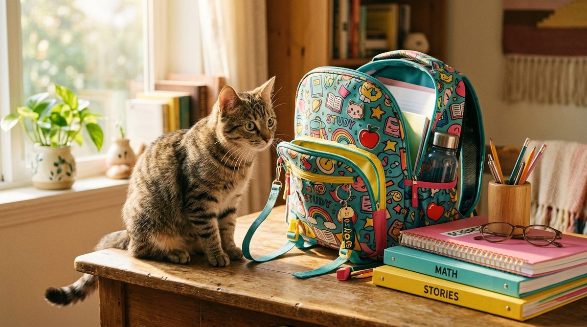 A cat sitting next to a colorful school backpack and notebooks on a desk
