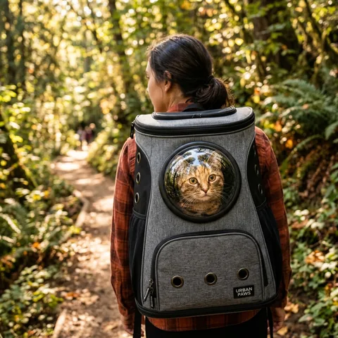 A curious cat looking through a clear bubble window of a backpack carrier during a outdoor hike