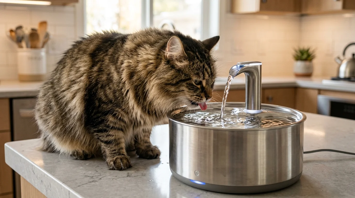 Fluffy cat drinking fresh flowing water from a stainless steel smart water fountain