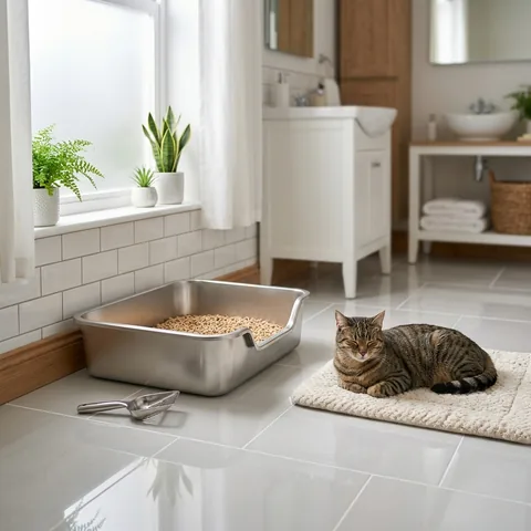 A sleek stainless steel cat litter box sitting in a clean modern bathroom