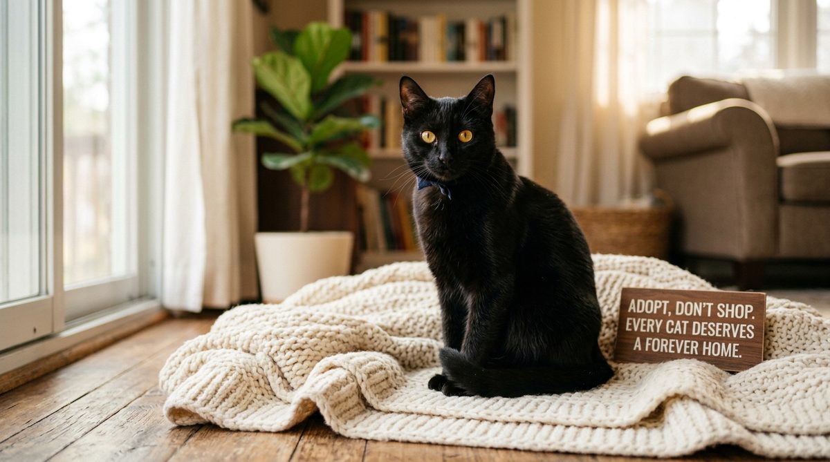 Beautiful black cat with golden eyes sitting on a cream blanket