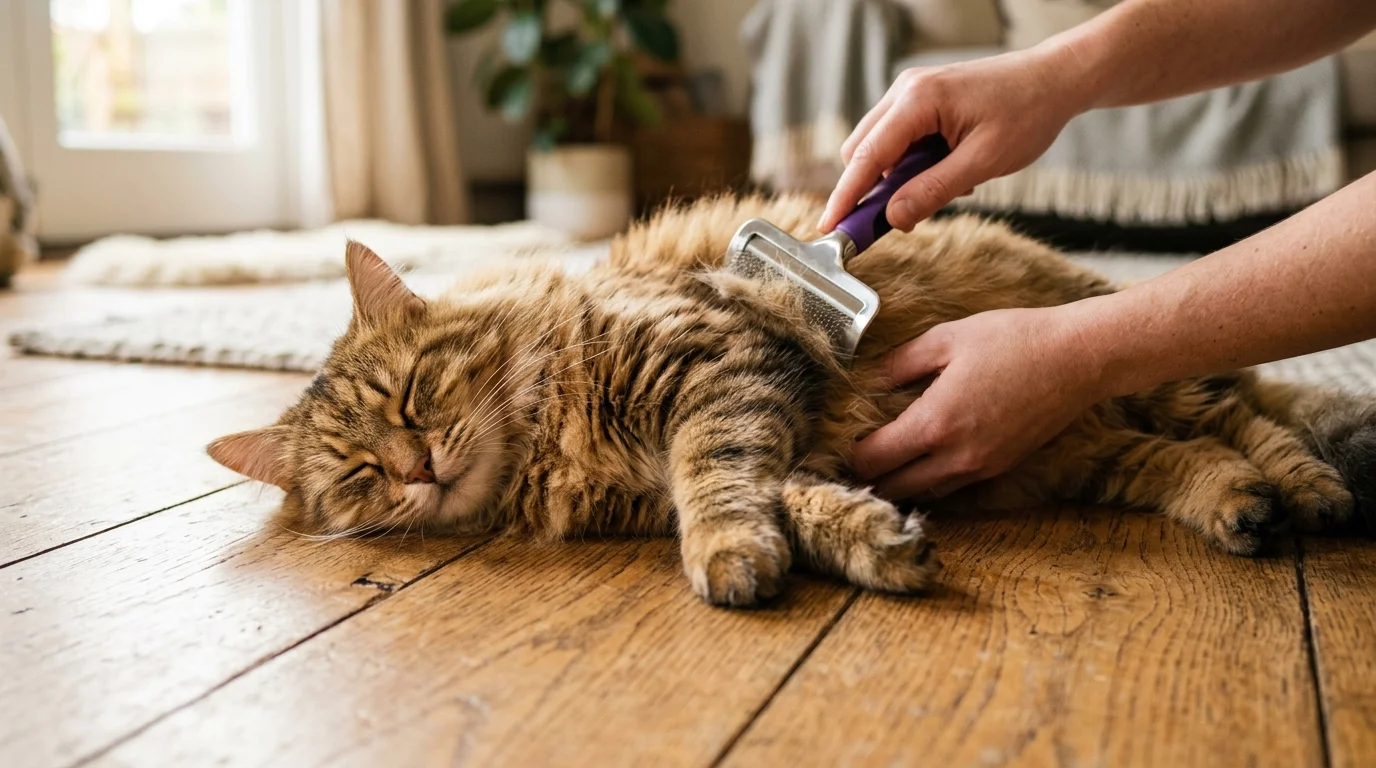 Fluffy cat being gently groomed with a professional de-shedding tool on a warm wooden floor