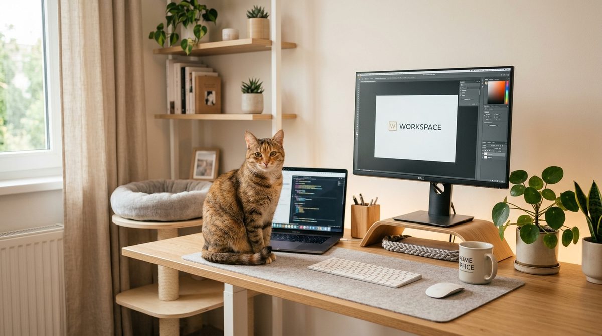 Cat sitting peacefully on a modern home office desk next to a laptop
