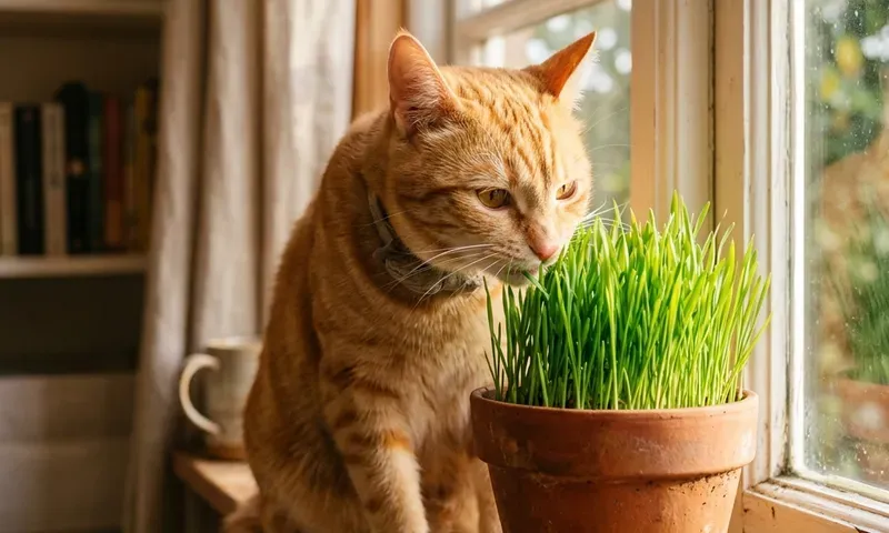 Cat nibbling cat grass