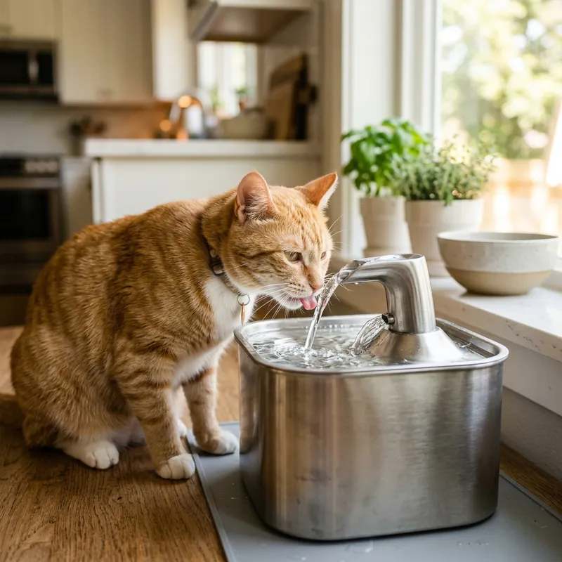 Cat drinking water fountain