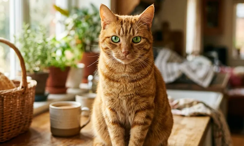 Orange tabby cat staring with intense green eyes