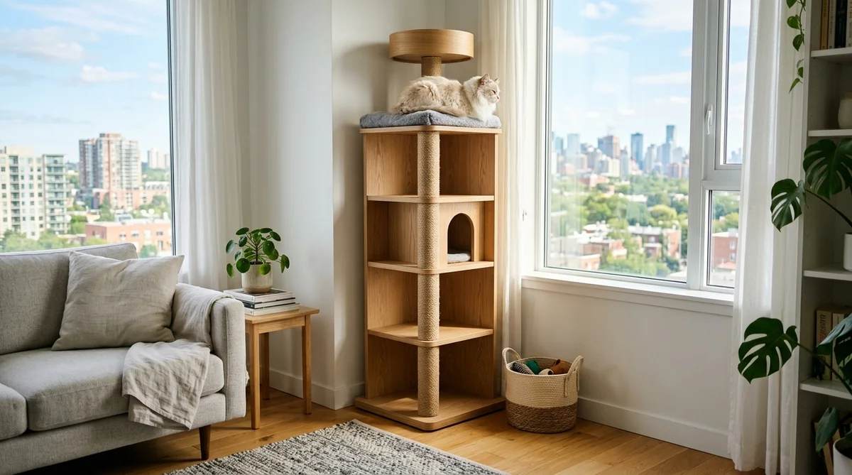 Modern stylish slim cat tree placed in a cozy sunlit apartment living room near a window
