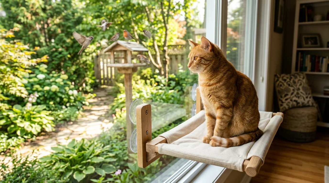 Orange cat relaxing on a window perch looking out at a sunny garden