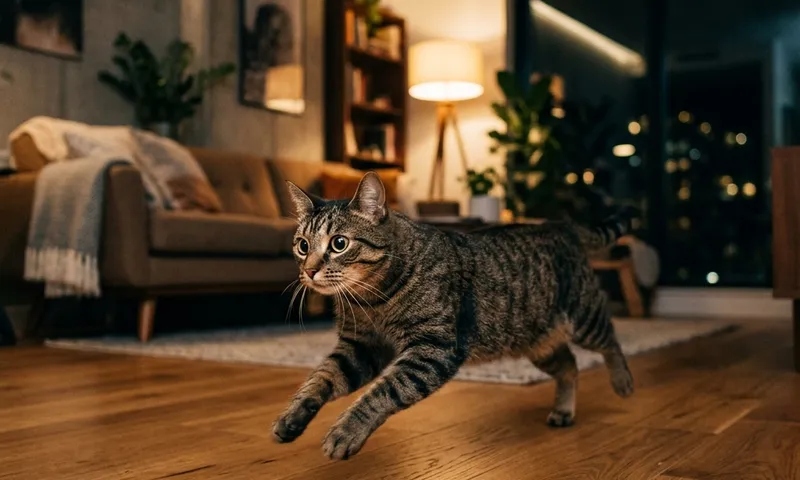 Cat sprinting through living room at night