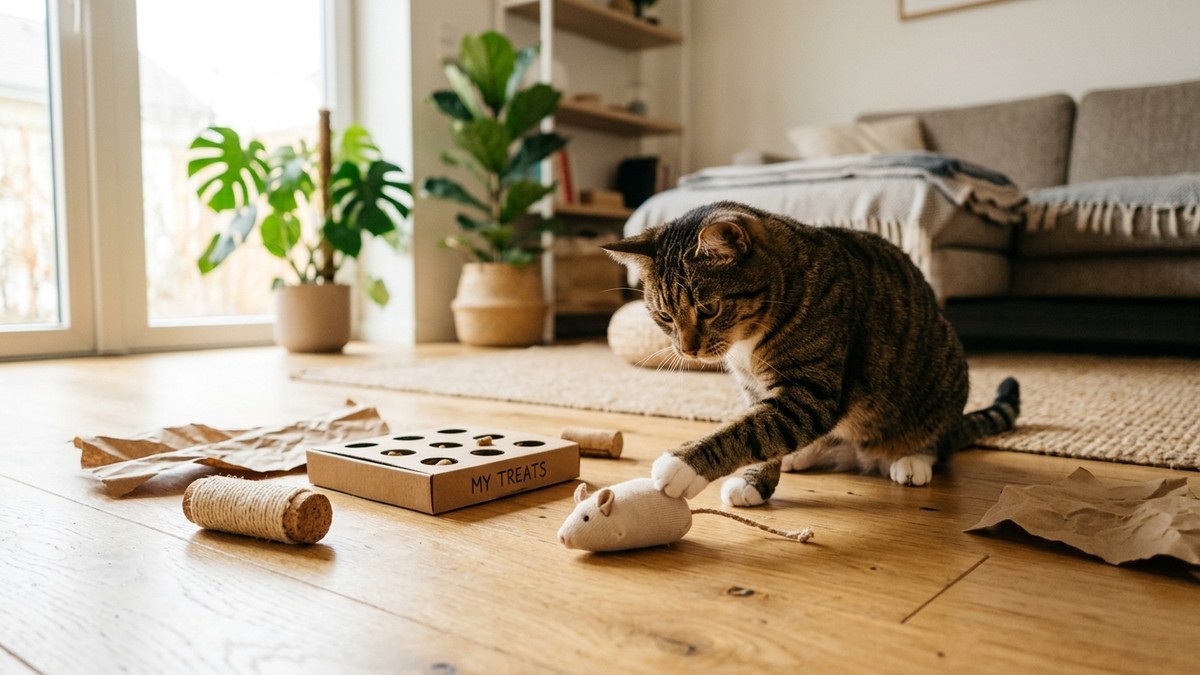 Playful tabby cat with homemade DIY natural cat toys including cardboard puzzle box and fabric mouse