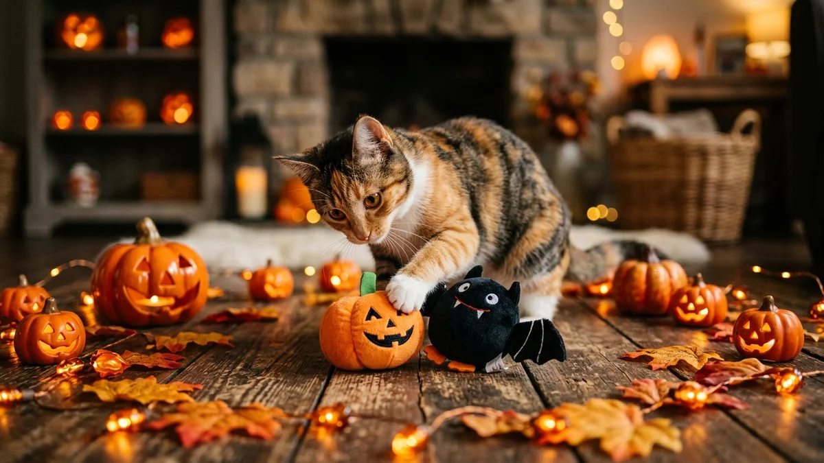 Playful domestic cat surrounded by mini pumpkins, autumn leaves, and cute Halloween toys