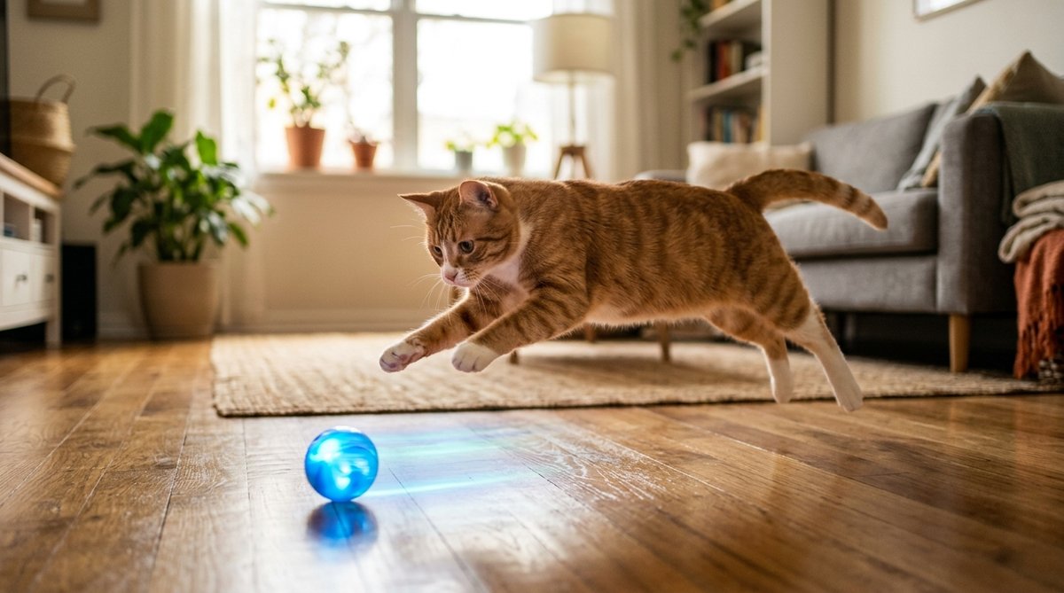 Energetic ginger cat leaping playfully across a sunlit living room chasing a glowing smart interactive fitness ball toy