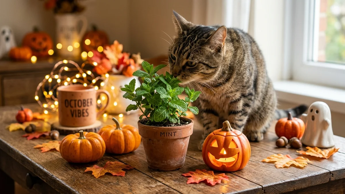 Curious domestic cat sniffing fresh green mint leaves in a potted herb plant on a rustic wooden table decorated with mini pumpkins and Halloween lights