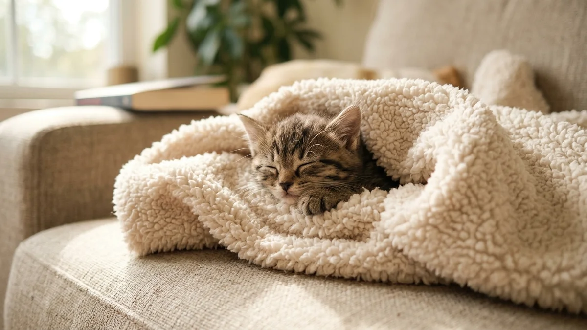 Young kitten wrapped comfortably in a soft blanket recovering peacefully