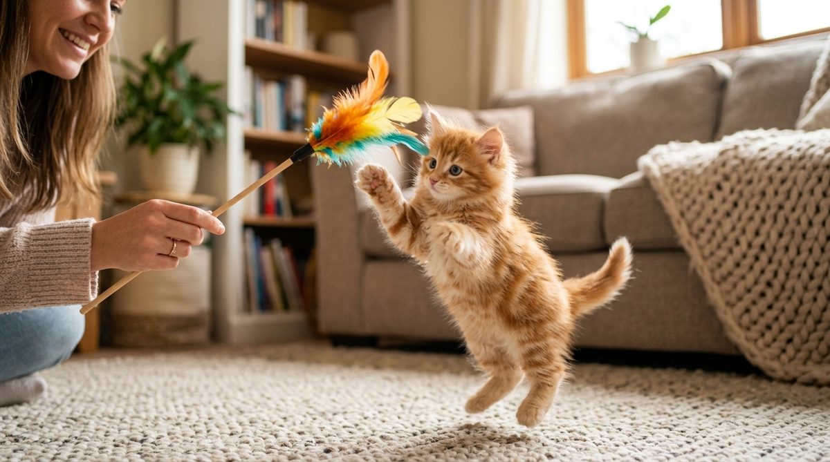 Playful ginger kitten leaping for a feather wand toy
