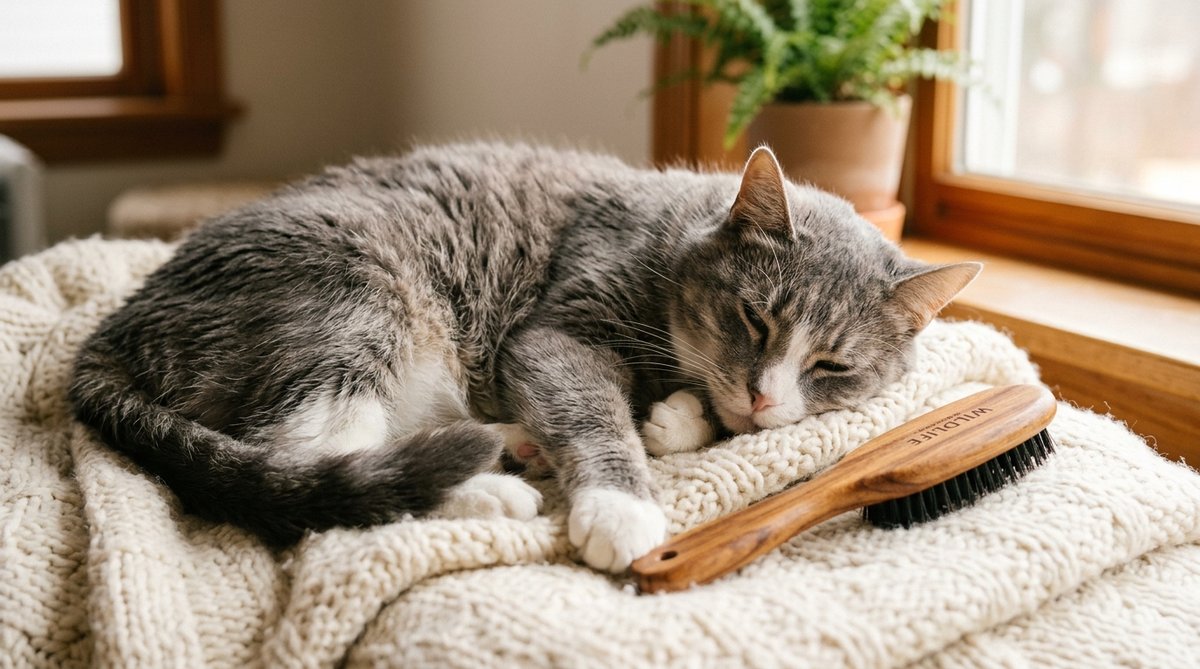 Elderly grey and white cat resting comfortably on a soft knitted blanket next to a gentle pet grooming brush