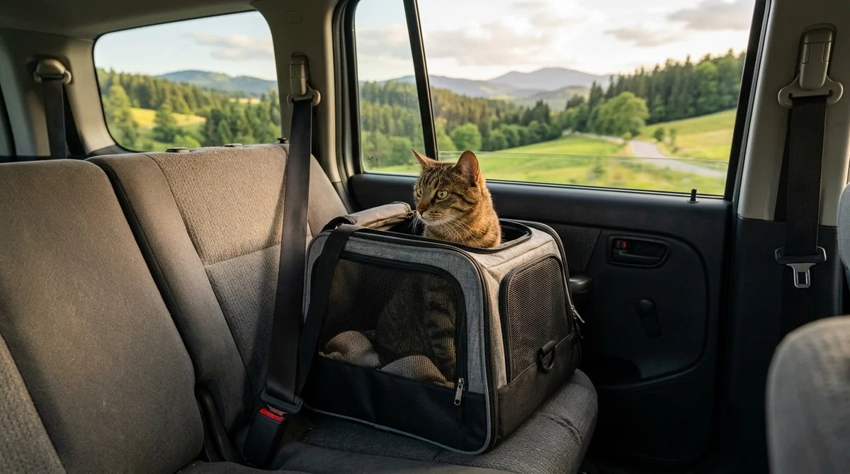 Domestic tabby cat sitting safely in a pet carrier on the back seat of a car looking out at scenic views