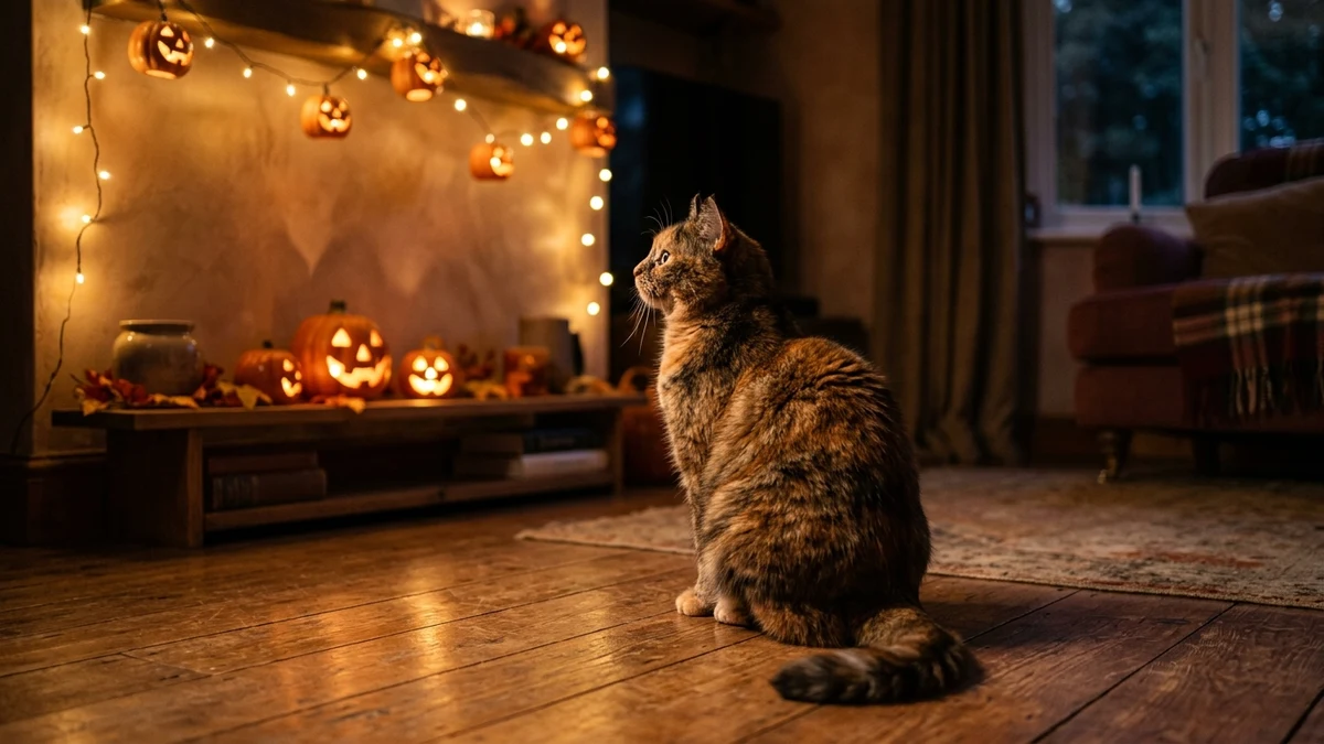 Domestic tabby cat sitting on hardwood floor in sunlit living room staring intently at a wall