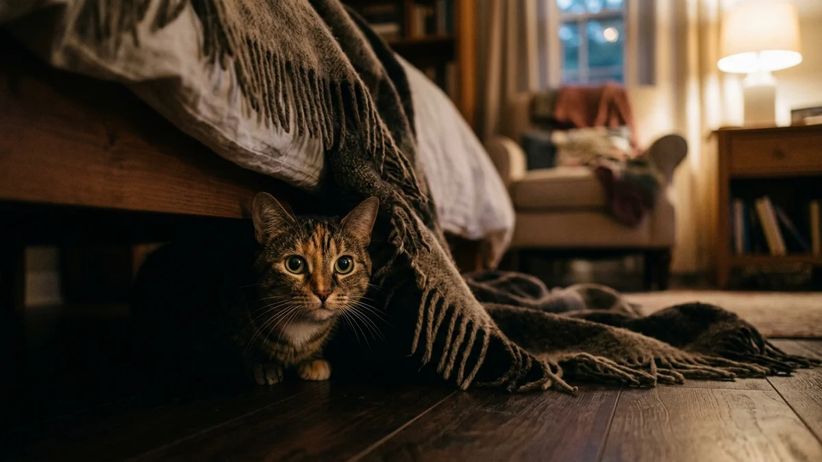 A domestic cat cautiously peeking out from under a dark bed with wide attentive eyes