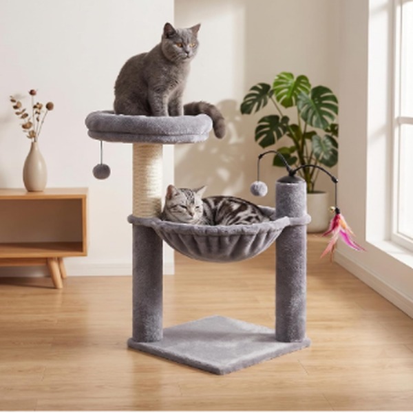 HUITREE Cat Tree Tower for Kitten with Cat Hammock and Scratching Post Grey