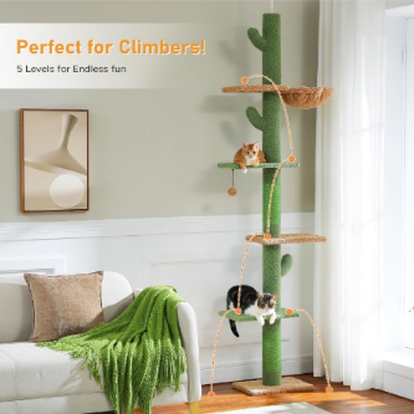 PAWZ Road Cactus Floor-to-Ceiling Cat Tree 5-Tier Skinny Tower with Hammock